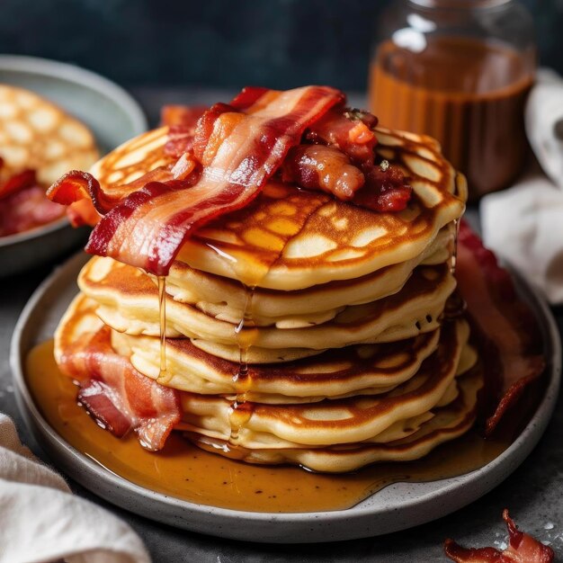 Stapel Pfannkuchen mit Speck und Ahornsirup auf dunklem Hintergrund