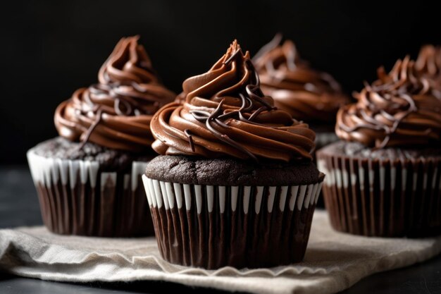 Stapel reichhaltiger Schokoladen-Cupcakes mit Strudeln aus cremigem Zuckerguss, erstellt mit generativer KI