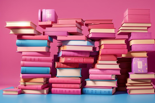 Stapel rosa Bücher auf blauem Hintergrund