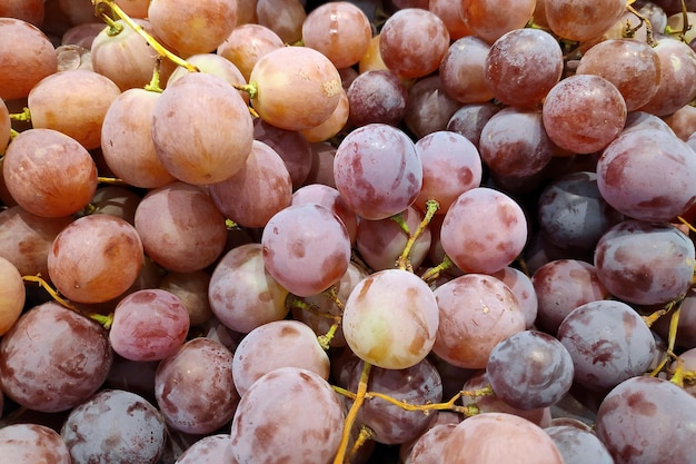 Stapel Rosentrauben auf einem Marktstand