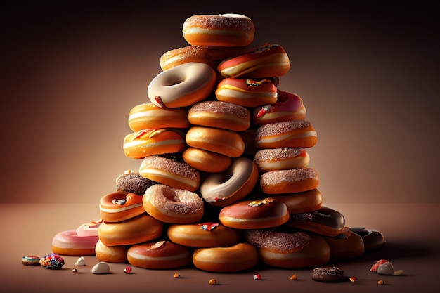 Stapel verschiedener Donuts auf schwarzem und blauem Zementhintergrund Generative KI