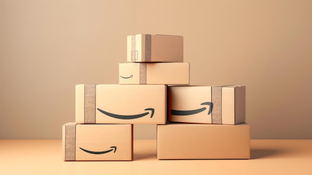 Stapel von Amazon Prime-Pappkartons auf gelbem Hintergrund