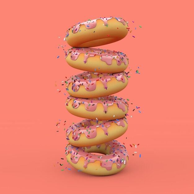 Stapel von Big Strawberry Pink glasierten Donut mit Farbspritzern auf rosa Hintergrund. 3D-Rendering