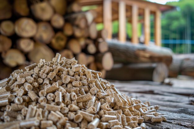 Foto stapel von biomasse-holzpellets und holzpellets im hintergrund