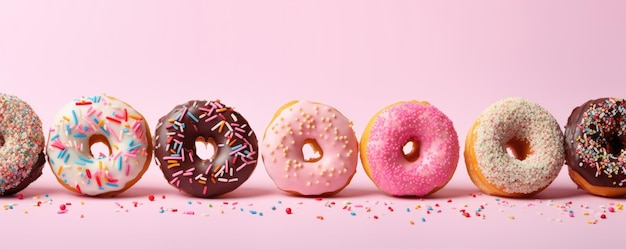Stapel von bunten Donuts und ein Glas Milch auf einem rosa Hintergrund