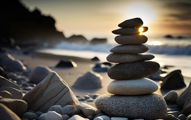 Stapel von Felsen am Strand mit Sonnenuntergang im Hintergrund Generative KI