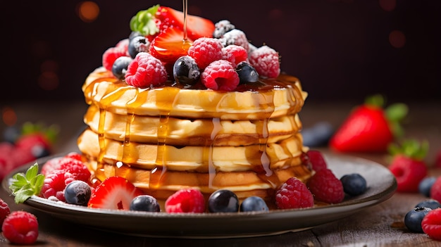 Stapel von flauschigen Waffeln mit frischen Beeren und Sirup