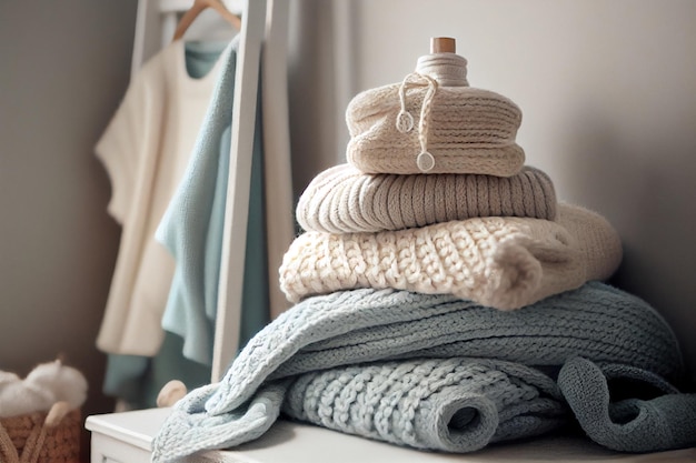 Stapel von gefalteten Wollstrickkleidung oder Decken für Babys Generative KI Warme gemütliche Kleidung und Zubehör