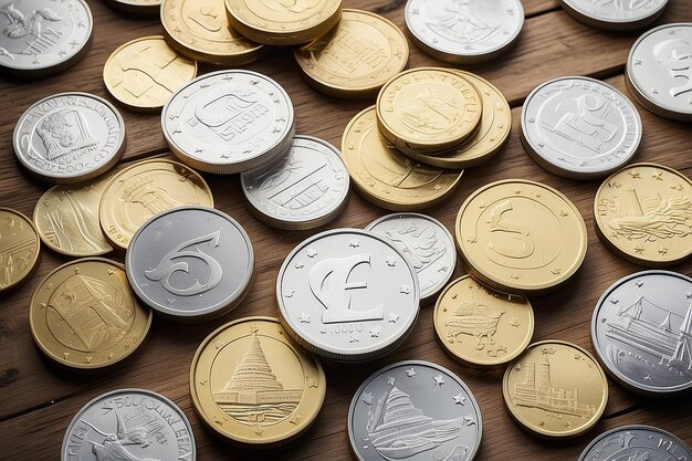 Foto stapel von glänzenden weißen und goldenen euro-münzen unterschiedlichen wertes auf holzhintergrund finanzen investitionen aktien ersparnisse konzept warme tönung nahaufnahme