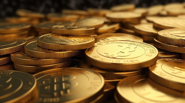 Stapel von Gold-Bitcoins Nahaufnahme 3D-Rendering 4K-Ultra