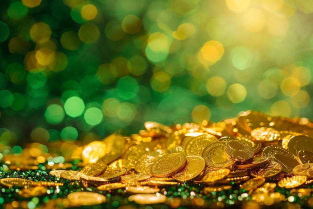 Stapel von Goldmünzen auf grünem und gelben abstrakten Glitterbokeh-Hintergrund mit Kopierraum Reichtum