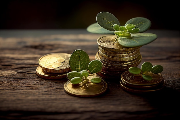 Stapel von Goldmünzen mit jungen Pflanzenblättern auf altem dunklen Holzhintergrund. Geld sparen, Anlagekonzept, Geldwachstumskonzept, erstellt mit generativer KI