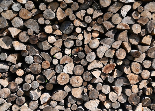 Stapel von Holzstämmen bereit für den Winter. Holzstämme Textur Hintergrund