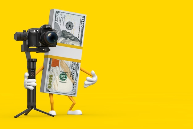 Stapel von Hundert-Dollar-Scheine Person Charakter Maskottchen mit DSLR oder Videokamera Gimbal Stabilisierung Stativsystem auf gelbem Hintergrund. 3D-Rendering