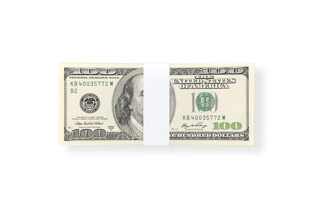 Foto stapel von hundert us-dollar geldrechnungen lokalisiert auf weißem hintergrund