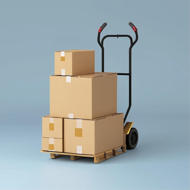 Stapel von Kartonkisten mit Handlastwagen Umsiedlung von Frachtlieferung, Logistik und Verteilung
