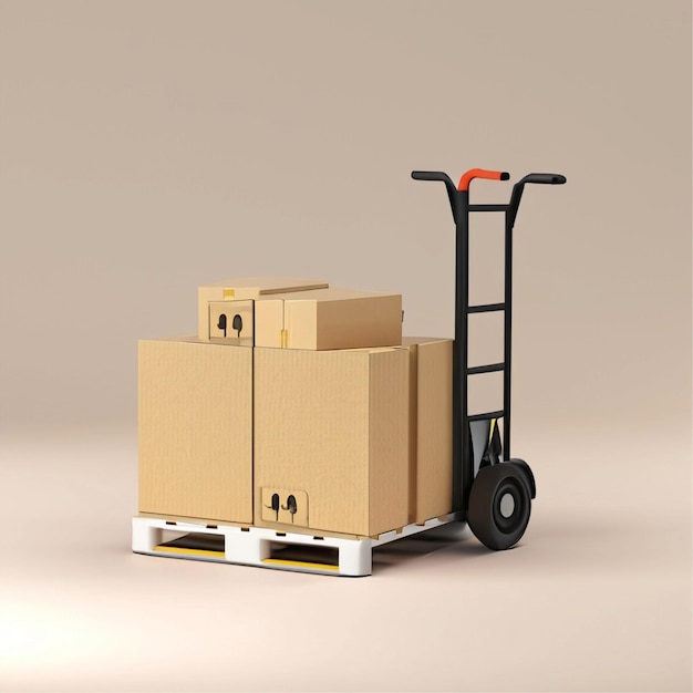 Stapel von Kartonkisten mit Handlastwagen Umsiedlung von Frachtlieferung, Logistik und Verteilung