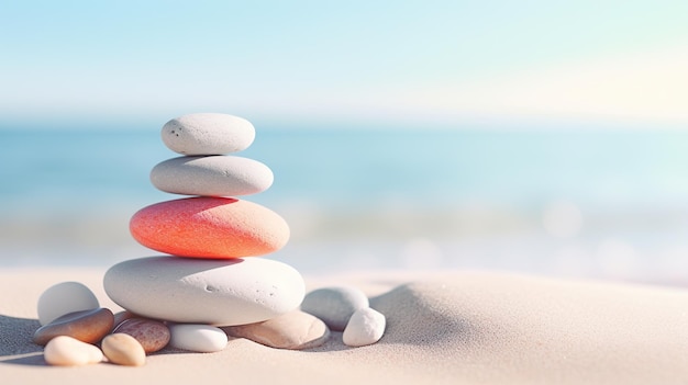 Stapel von Kieselsteinen am Strand mit blauem Wasser Zen-Felskonzept der Harmonie und des Gleichgewichts