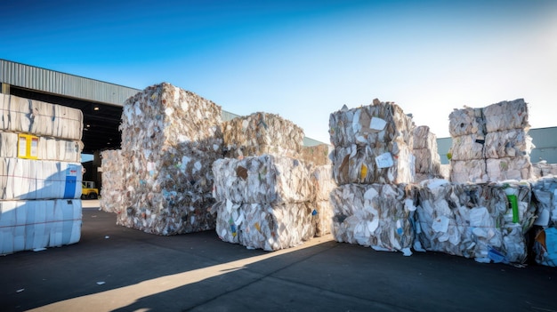 Stapel von komprimierten Papierballen in einer Recyclinganlage, die bereit sind, in neue Produkte umgewandelt zu werden, die das industrielle Recycling zeigen