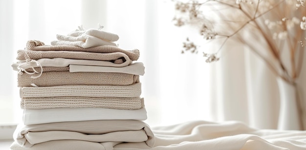 Stapel von leichten gestrickten Decken und Kleidung auf einem leichten Hintergrund Das Konzept der Gemütlichkeit und Haustextilien