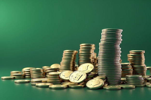 Stapel von Münzen isoliert auf grünem Hintergrund 3D-Rendering