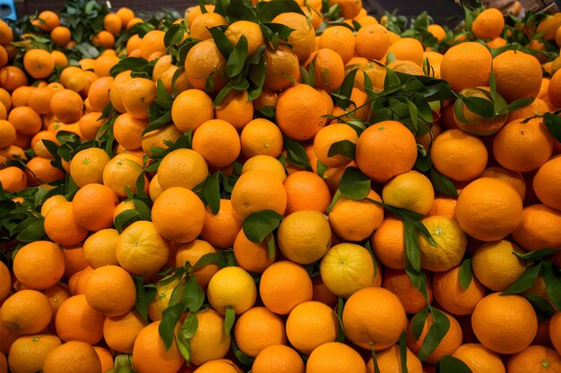 Stapel von Orangenfrüchten auf dem Markt lebendig ausgestellt