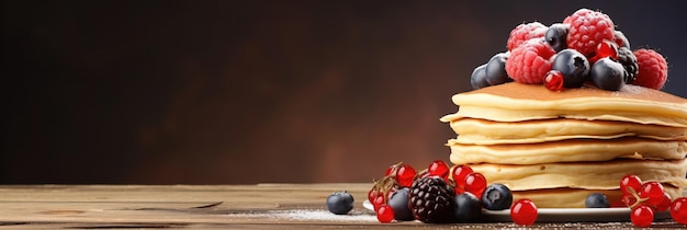 Foto stapel von pfannkuchen mit beeren werbebanner web-banner üppige leckere pfannenkuchen mit blaubeeren