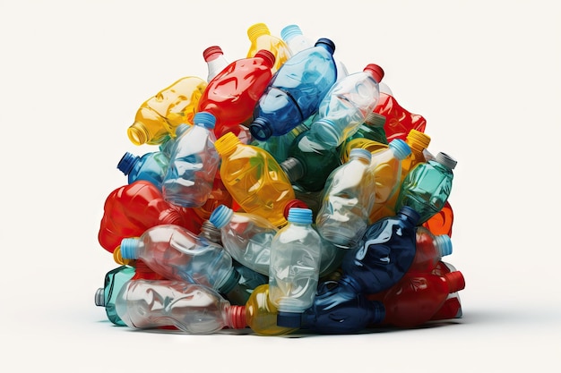 Stapel von Plastikflaschen auf minimalistischem Hintergrund, KI generiert