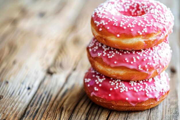 Stapel von rosa frosted Donuts mit weißen Sprinkles auf einem Holztisch