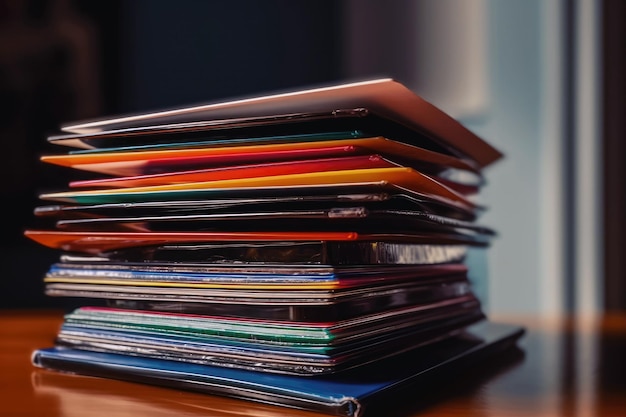 Stapel von Schallplatten mit bunten Covern, generative KI