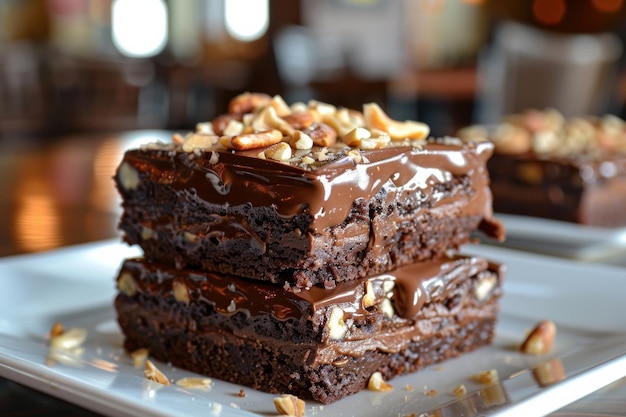 Stapel von Schokoladen-Brownies mit Nüssen oben