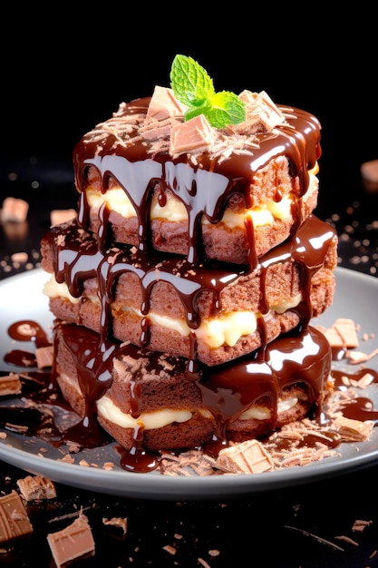 Stapel von Schokoladenbrownie-Stücken mit geschmolzener Schokoladensauce und hausgemachten Brownie-Kuchen