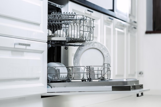 Stapel von Tellern und Tassen in offener Geschirrspülmaschine