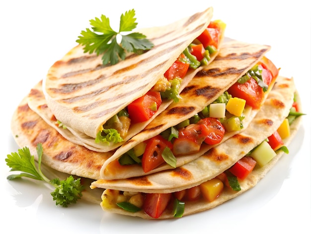 Stapel von vegetarischen Quesadillas auf einem weißen Teller mit frischen Kräutern