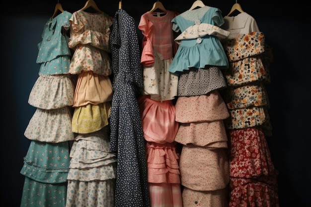 Stapel von Vintage-Kleidern, jedes in einem anderen Druck oder einer anderen Farbe, erstellt mit generativer KI
