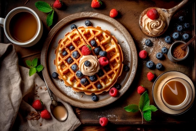 Stapel von Waffeln mit frischen Beeren, Schlagsahne und Minze auf dem alten dunklen Holztisch