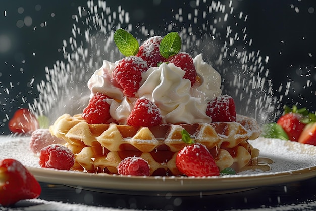 Stapel von Waffeln mit Schlagsahne und Zuckerpulver auf dem Teller