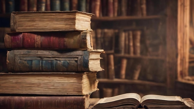 Stapel von weit geöffneten dicken alten Büchern in verschiedenen Bindungen, die in Chaos übereinander liegen