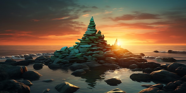 Stapel von Zen-Steinen am Strand bei Sonnenuntergang Zen-Konzept