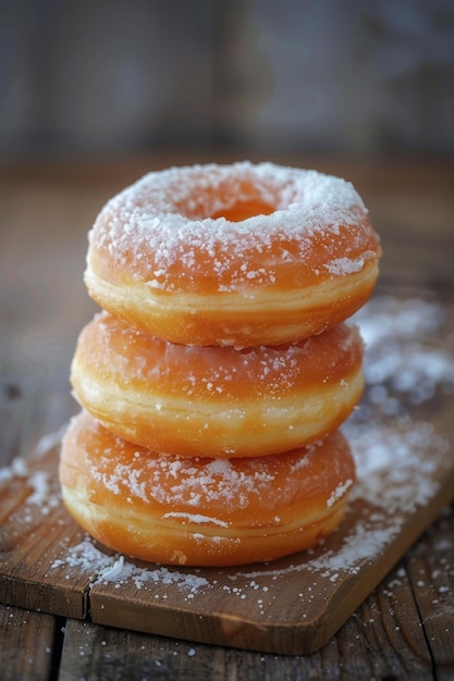 Stapel zuckerhaltiger goldener Donuts auf einer Holzoberfläche