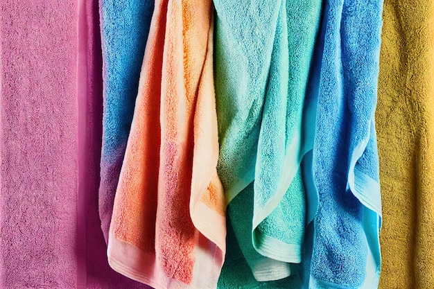 Stapeln Sie saubere Badetücher, die im Badezimmer an einer Metallstange hängen