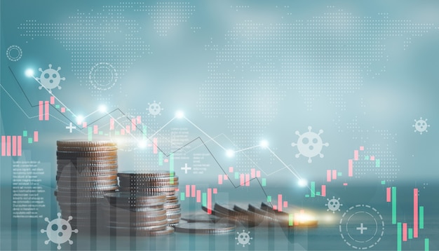 Stapeln von Wachstum nach unten Münzen Chart Graph Finanzen für Finanz- und Geschäftskrise, Kapitalbanken und Investitionen, Münzbörsenkonzept. Auswirkungen Weltwirtschaftsproblem Zusammenbruch Absturz nach unten.