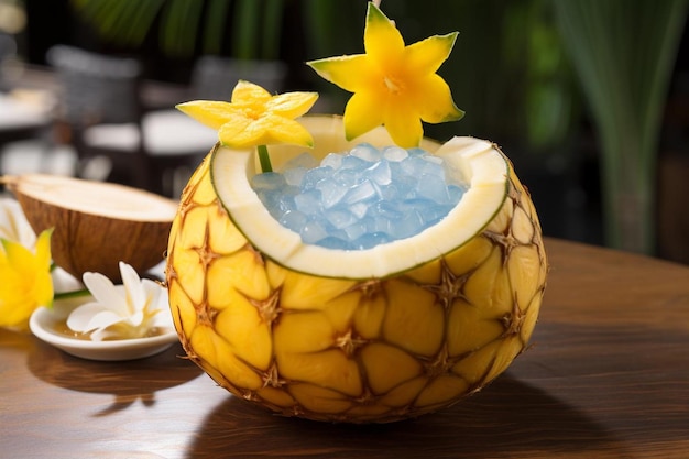 Starfruit com um coquetel tropical servido em uma casca de coco Starfruit fotografia de imagem