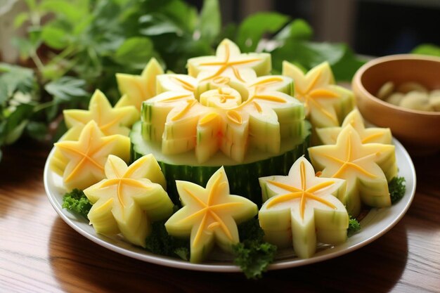 Foto starfruit com uma fatia cortada e organizada em um prato de rolos de sushi starfruit fotografia de imagem