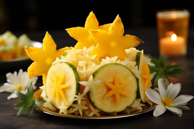 Starfruit com uma fatia de abacaxi e coco para um conjunto tropical Starfruit fotografia de imagem