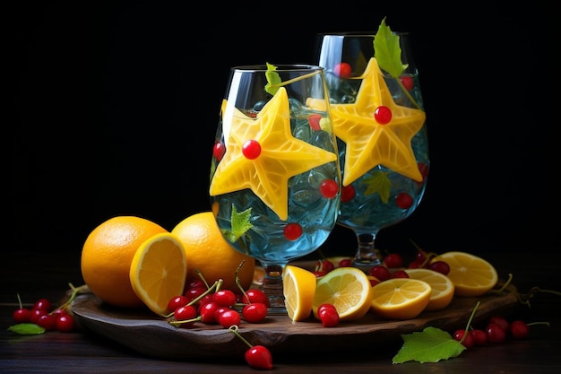 Starfruit com uma fatia equilibrada na borda de um copo de suco Starfruit fotografia de imagem