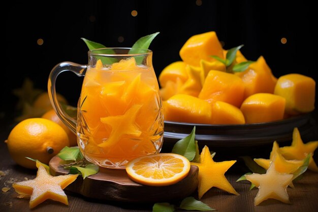 Starfruit mit einer auf dem Rand eines Glases Saft ausgeglichenen Scheibe Starfruit-Bildfotografie