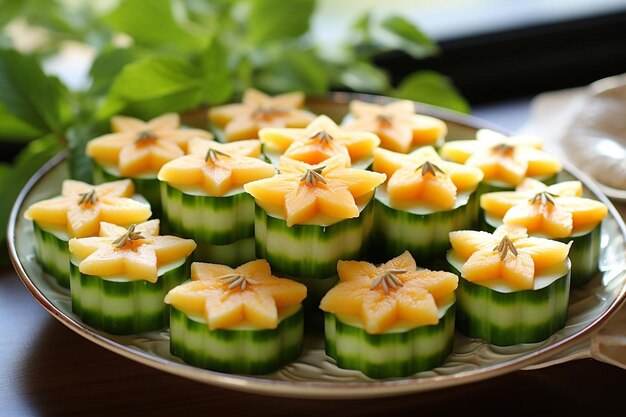 Starfruit mit einer ausgeschnittenen Scheibe und auf einem Teller mit Sushi-Rollen angeordnet Starfruit-Bildfotografie