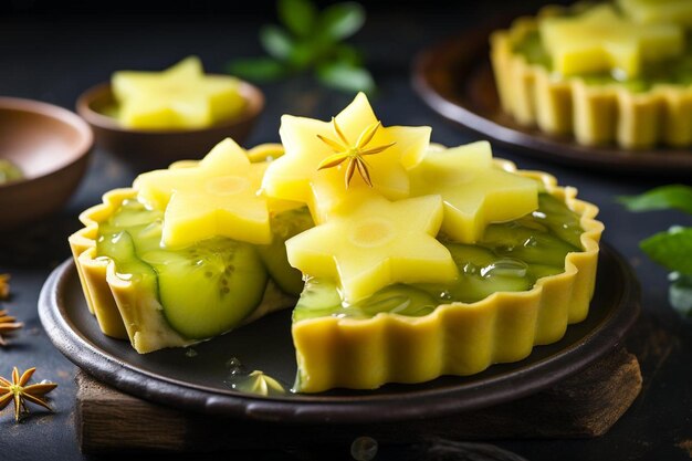 Starfruit con una rebanada colocada en la parte superior de una tarta de frutas Fotografía de imágenes de Starfruit