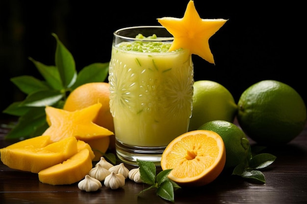 Starfruit con una rebanada equilibrada en el borde de un vaso de jugo Fotografía de imágenes de Starfruit